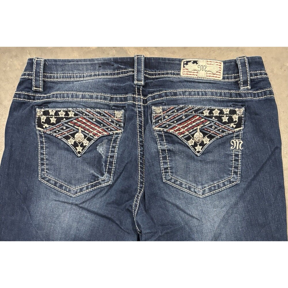 Miss Me Mid Rise Easy Boot Jeans America Flag Flaps Womens 34 Denim Rhinestone